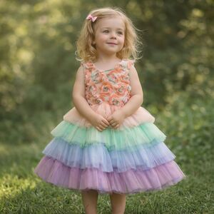 Rainbow Tulle Party Dress Toddler 2T 3T Size 90 Rosette Floral Dreamy Birthday
